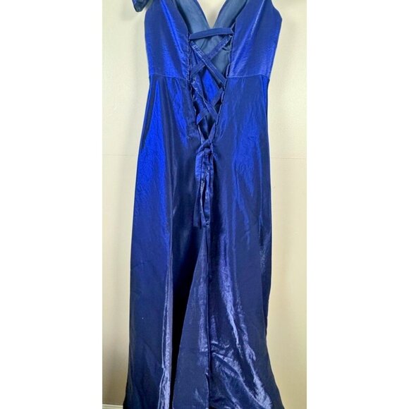 Elegant Navy Blue Gown Size 4 Shimmer Off‑Shoulder A‑Line High Slit Lace‑Back - Picture 4 of 16